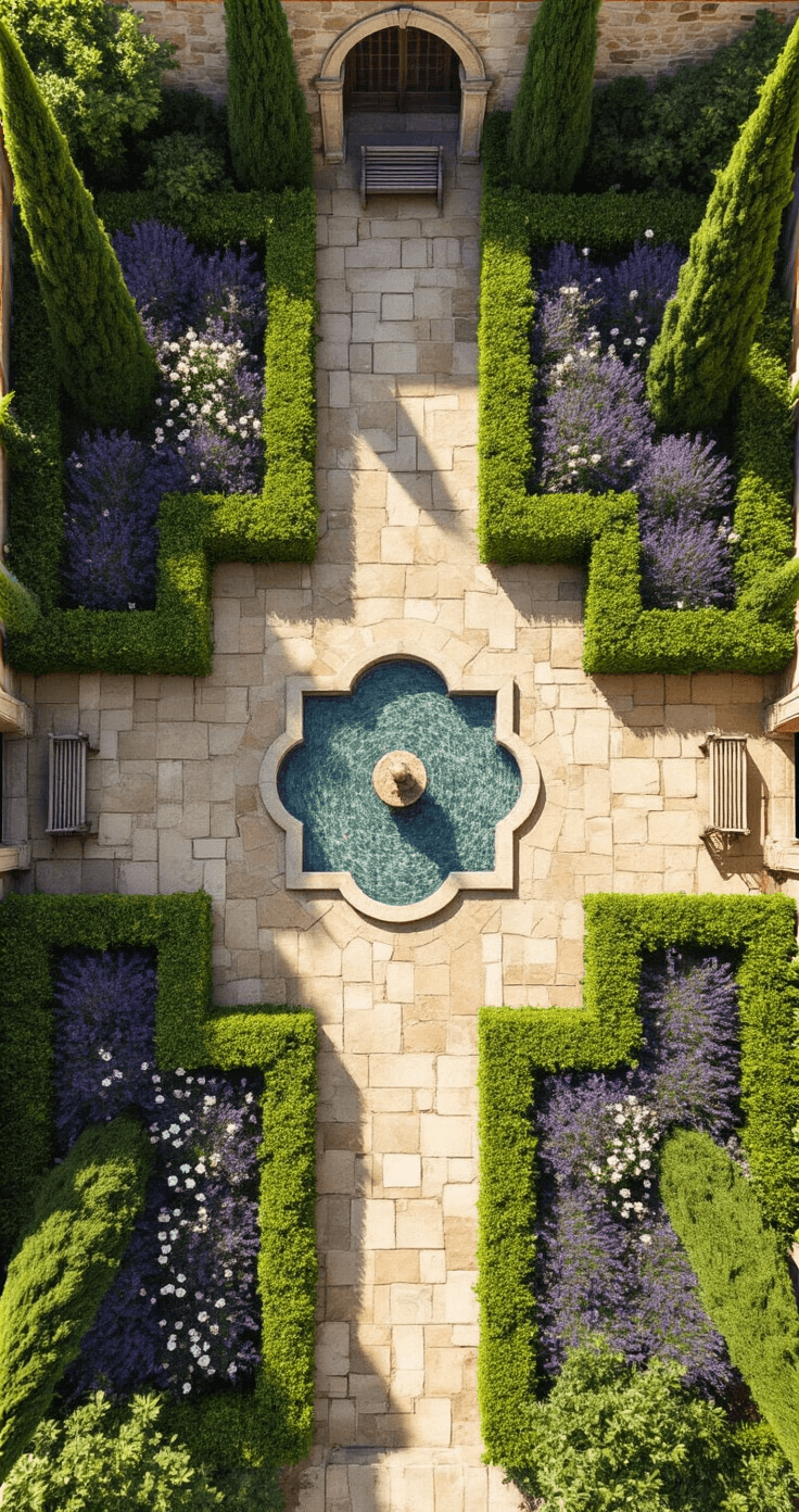 Aerial view of a symmetrical 40x40ft garden courtyard featuring four quadrants with wide stone pathways leading to a central mosaic fountain, surrounded by cypress trees, manicured hedges with white roses and lavender, and aged stone benches in wall niches, all under high contrast noon lighting.