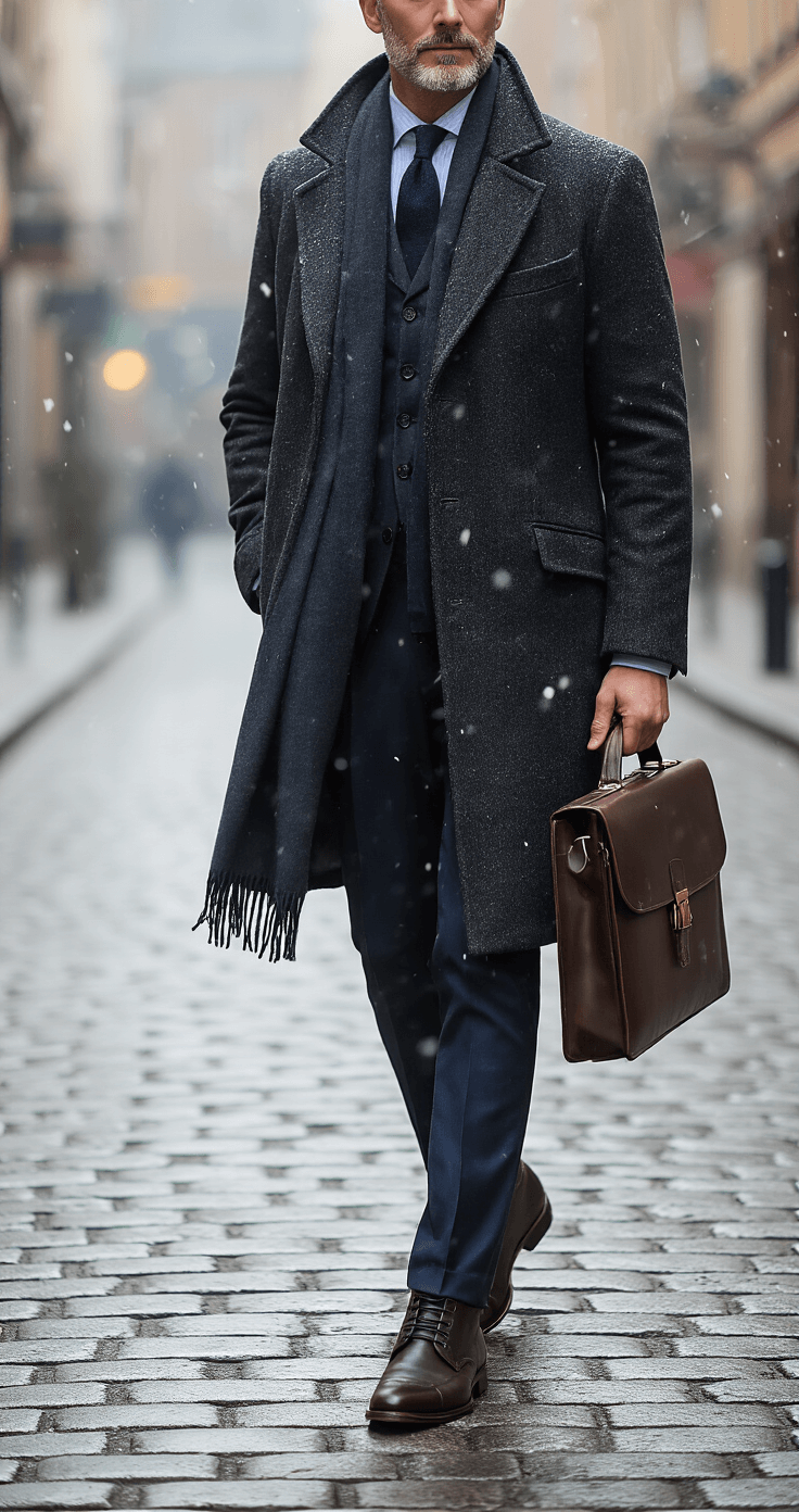 A distinguished gentleman in a charcoal wool overcoat and navy suit crosses a snowy cobblestone street, carrying a classic briefcase and wearing a cashmere scarf, with cool morning light illuminating the atmospheric winter scene.