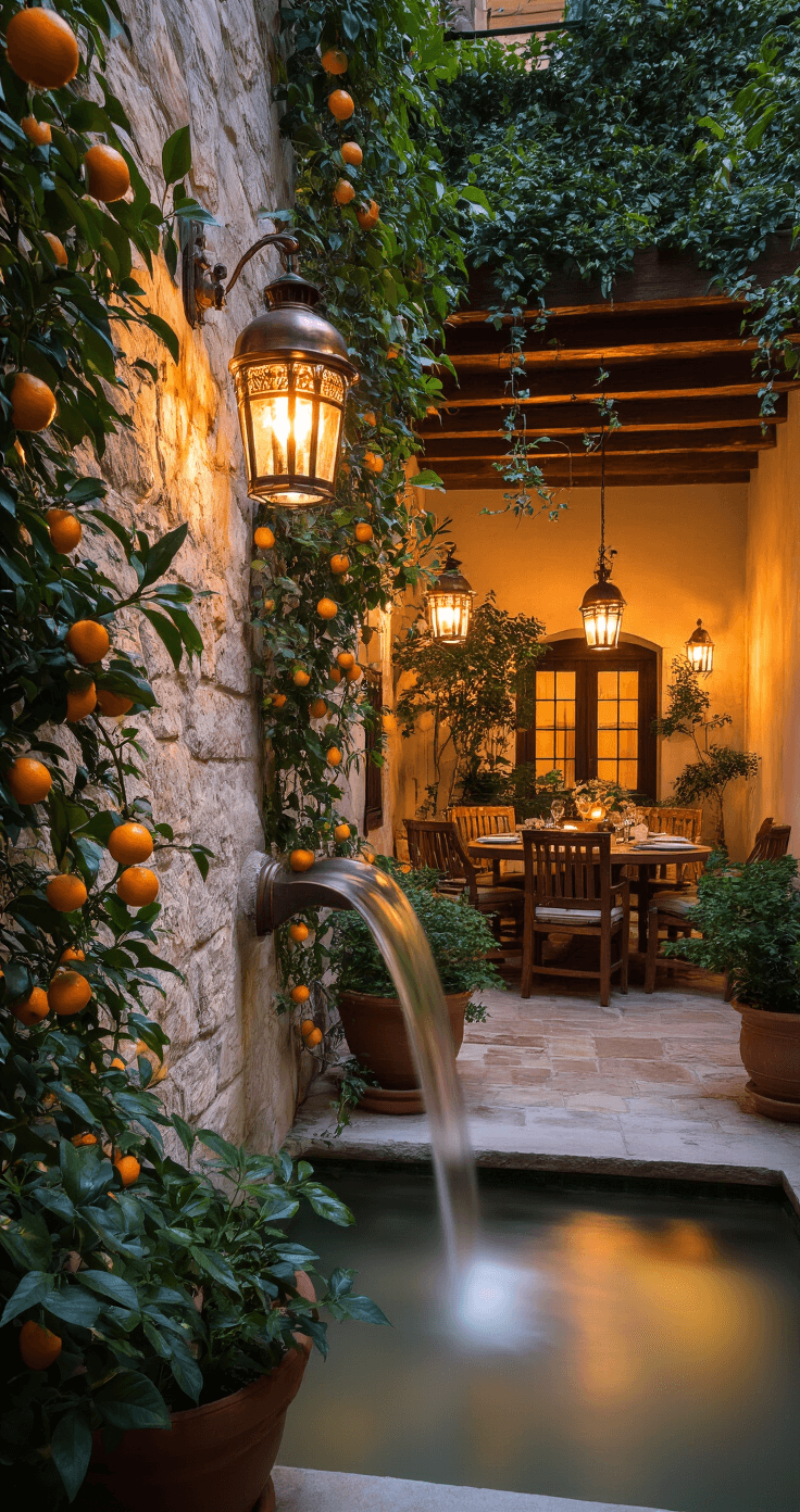 A low-angle view of an intimate courtyard at dusk, featuring warm copper lanterns illuminating stone walls, a subtle water feature, potted citrus trees, and a cozy dining area with rustic furniture, all enveloped in rich greens and golden lighting accents.