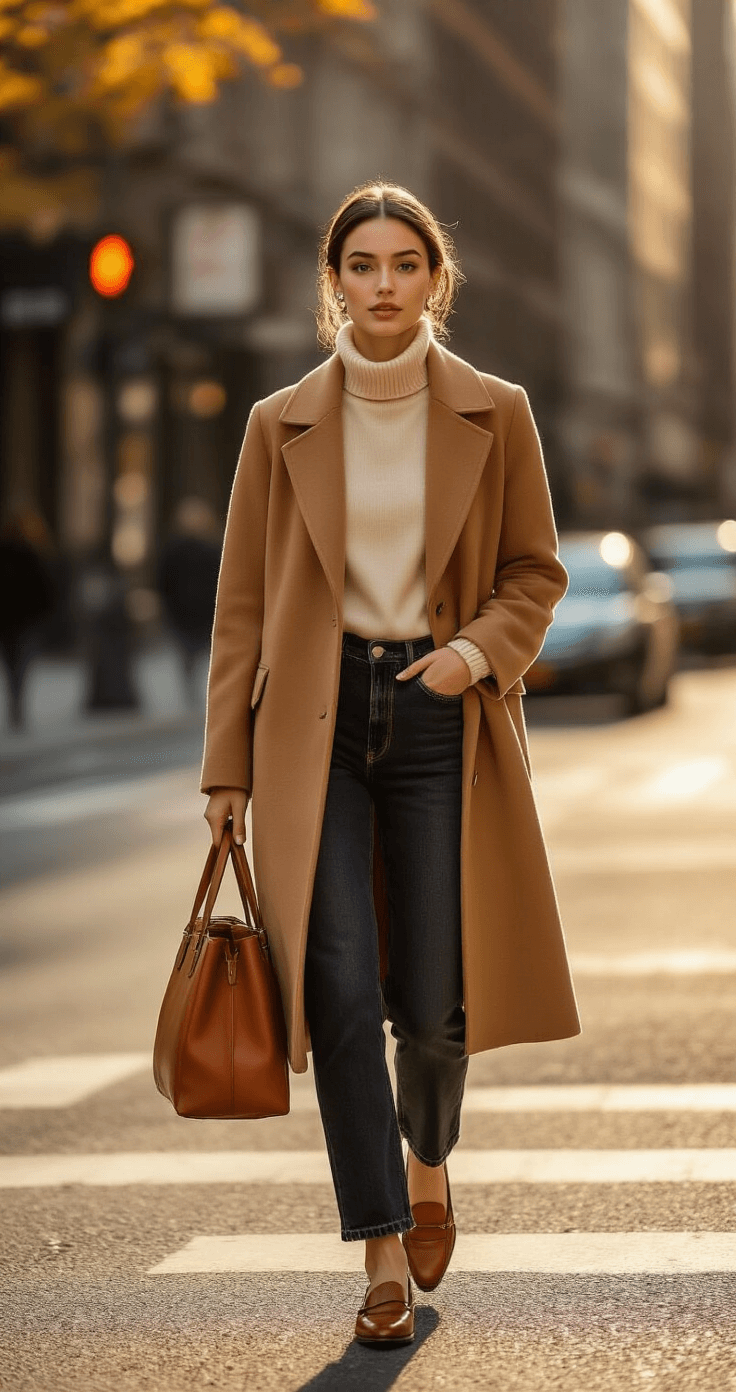 A confident young woman in a camel wool coat walks on a sunlit Manhattan street corner during golden hour, carrying a structured leather tote. She wears a cream cashmere turtleneck and dark high-waisted jeans, with cognac leather loafers. Her sleek low bun is accentuated by pearl studs, and the autumn breeze gently moves her coat, showcasing its luxurious fabric. The image is captured from street level with a shallow depth of field, highlighting rich textures in natural light.