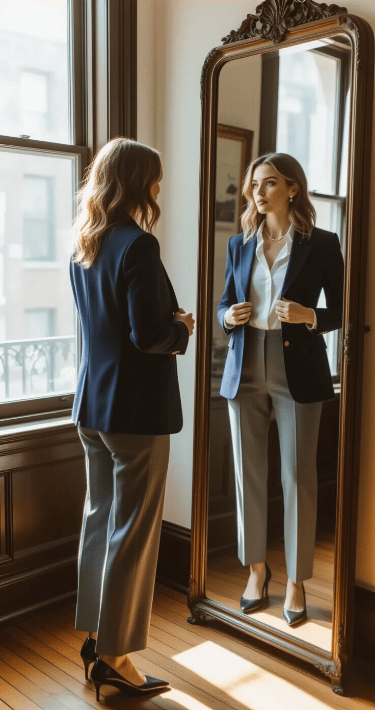 A woman in a navy wool blazer and grey trousers adjusts her outfit in a vintage full-length mirror, illuminated by morning light streaming through tall windows in a classic brownstone apartment. She is accessorized with a delicate gold necklace and pearl studs, with soft diffused lighting enhancing the quality of her attire.
