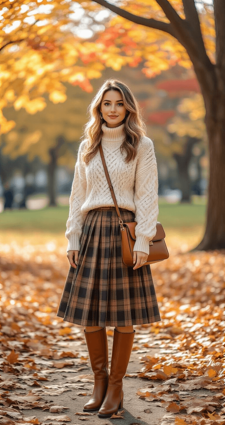 A woman in an ivory cable-knit sweater and muted plaid midi skirt stands in Boston Common, surrounded by golden and red autumn leaves. She wears brown leather knee-high boots and carries a cognac leather crossbody bag, with natural light highlighting the texture of her sweater.