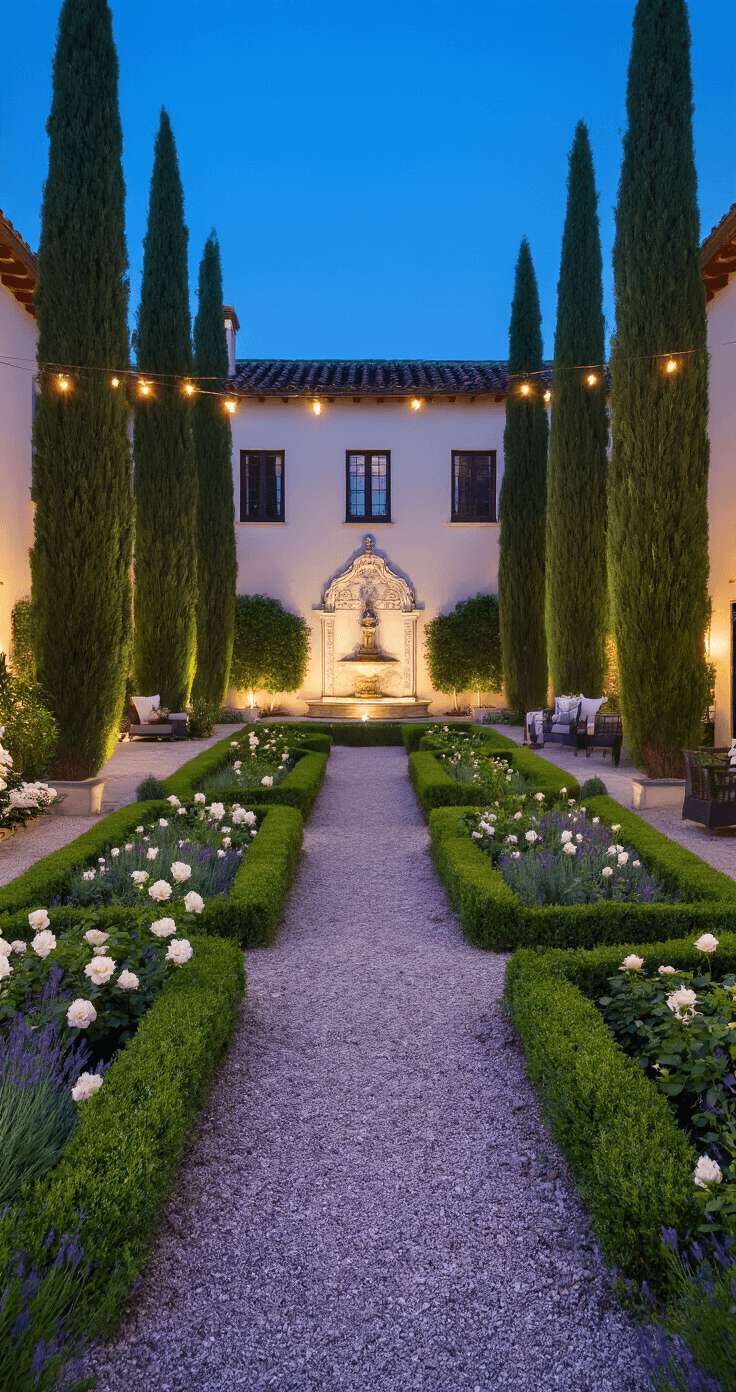 A wide shot of a formal courtyard at dusk, featuring symmetrical rows of Italian cypress, an ornate wall fountain, geometric boxwood herb gardens with white roses, gravel paths bordered by lavender, and intimate seating areas adorned with twinkling string lights, all bathed in deep greens, purples, and warm ambient lighting.