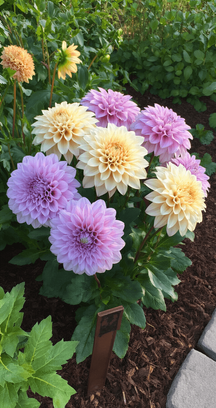 Intimate portrait of a compact grouping of lavender and cream cactus-type dahlias in a 4x4ft corner garden space, captured in late afternoon light. The low-angle shot highlights petal patterns, with copper garden markers and fresh mulch in the background, alongside a small garden ornament for scale.