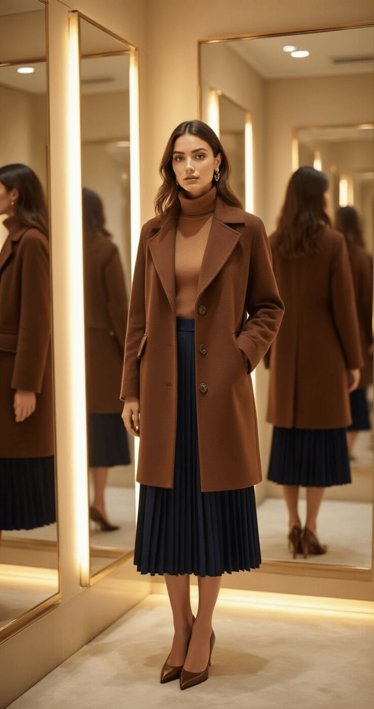 A woman tries on a chocolate brown wool coat over a camel turtleneck and pleated navy skirt in a luxurious boutique fitting room, surrounded by multiple mirrors. Gold-tone minimal jewelry and classic leather pumps complement her outfit, while warm ambient lighting highlights the quality of the materials.