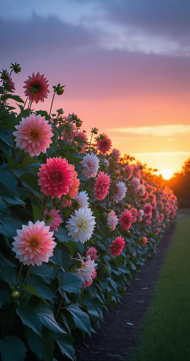 Dramatic twilight scene featuring a 30ft border of tall dinner-plate dahlias in coral, pink, and white, backlit by the setting sun. Dark green foliage casts silhouettes, and soft motion blur captures the dynamic movement of a gentle breeze.