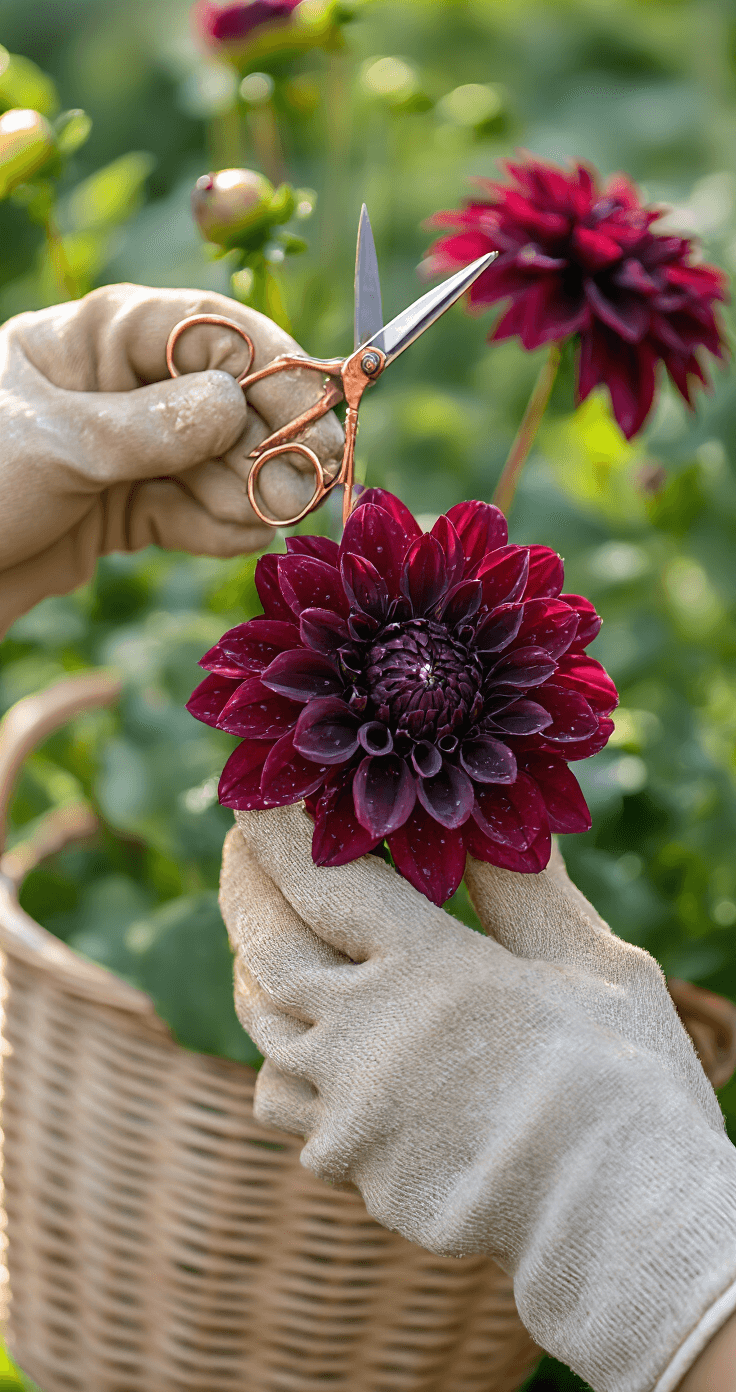 Close-up of hands using copper scissors to deadhead spent blooms of deep burgundy dahlias in a garden, illuminated by morning light, with water droplets on the petals and garden gloves and a collection basket softly blurred in the background.