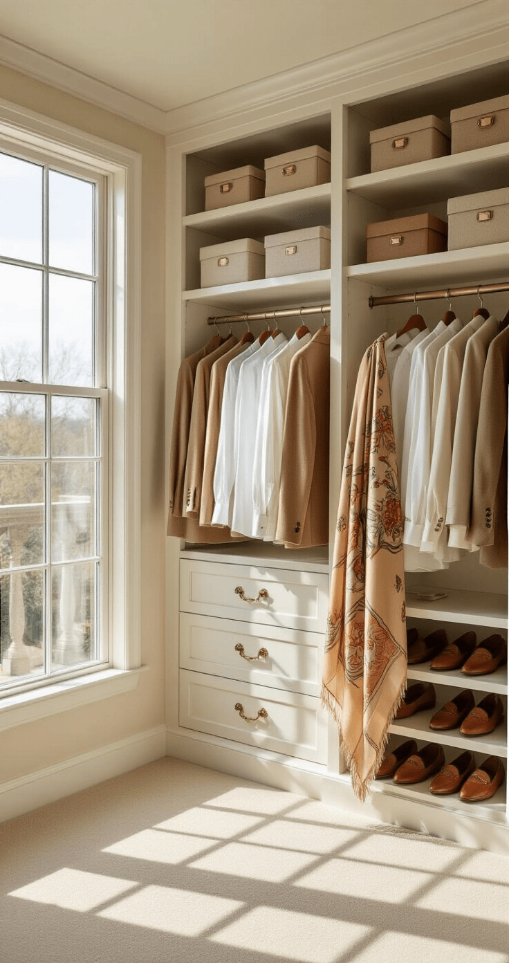 Bright, airy walk-in closet featuring floor-to-ceiling windows, showcasing a neatly organized capsule wardrobe with camel cashmere sweaters, white shirts, tailored blazers, a vintage Hermès scarf, and leather loafers, all set against soft beige carpet and antiqued brass hardware.
