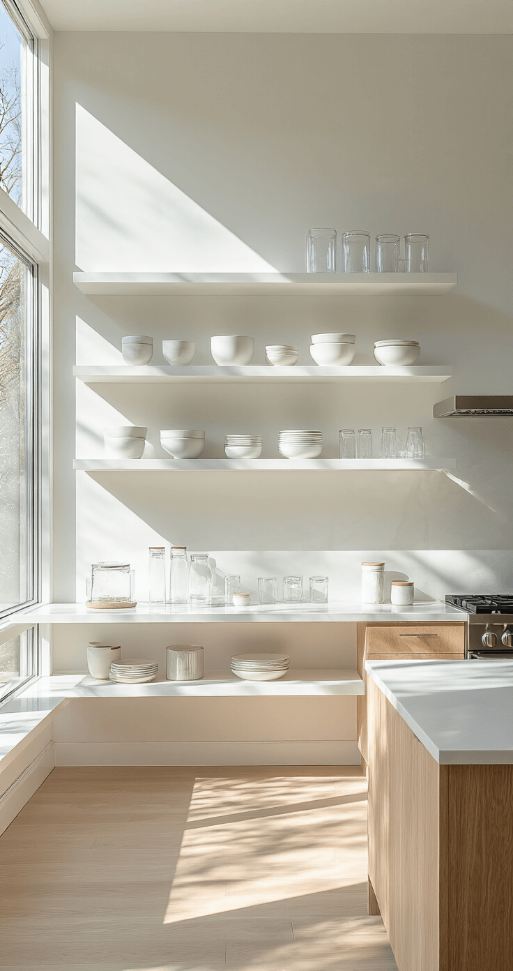 A modern minimalist kitchen with white walls and floating oak shelves, illuminated by morning light through large windows, featuring matte white ceramics and glass vessels, chrome appliances, and subtle wooden accents, captured from a low angle with a soft focus.