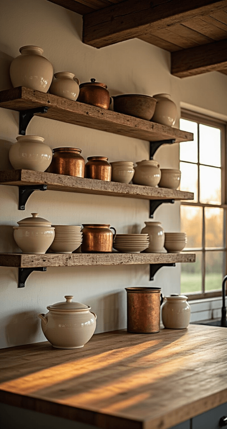 Rustic farmhouse kitchen with exposed wooden beams and reclaimed barn wood shelving, showcasing cream pottery, copper vessels, and vintage mason jars in warm afternoon light, emphasizing textures of honey woods and aged materials.