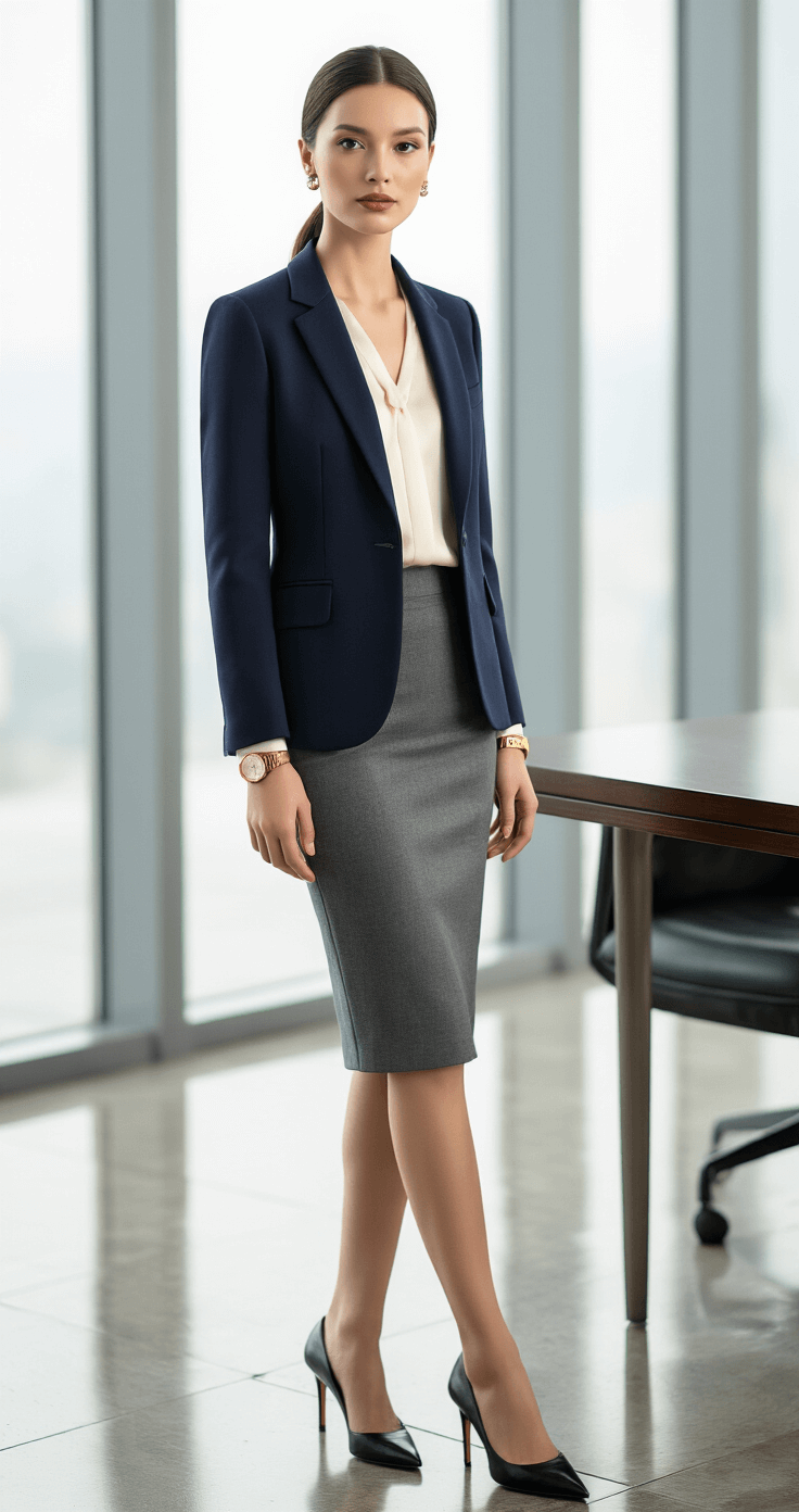 A professionally dressed woman in a navy wool blazer, ivory silk blouse, and gray wool pencil skirt stands beside an executive desk in a bright office with floor-to-ceiling windows, diffused morning light illuminating her classic pointed-toe black leather pumps, pearl stud earrings, and vintage gold watch. Her sleek low bun and subtle makeup enhance her polished appearance, with architectural elements softly blurred in the background.