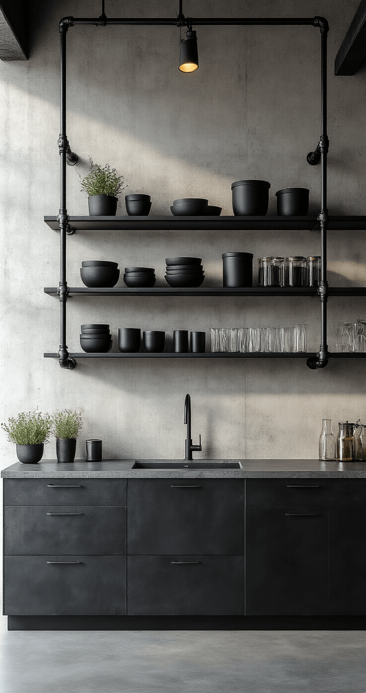 Industrial chic loft kitchen with 14-foot concrete walls, black steel pipe shelving, geometric matte black ceramics, brushed metal containers, and glass storage; polished concrete counters shown from a slight overhead angle highlighting graphic lines and shadows in a monochromatic palette of charcoal and slate, enhanced by directional spot lighting.
