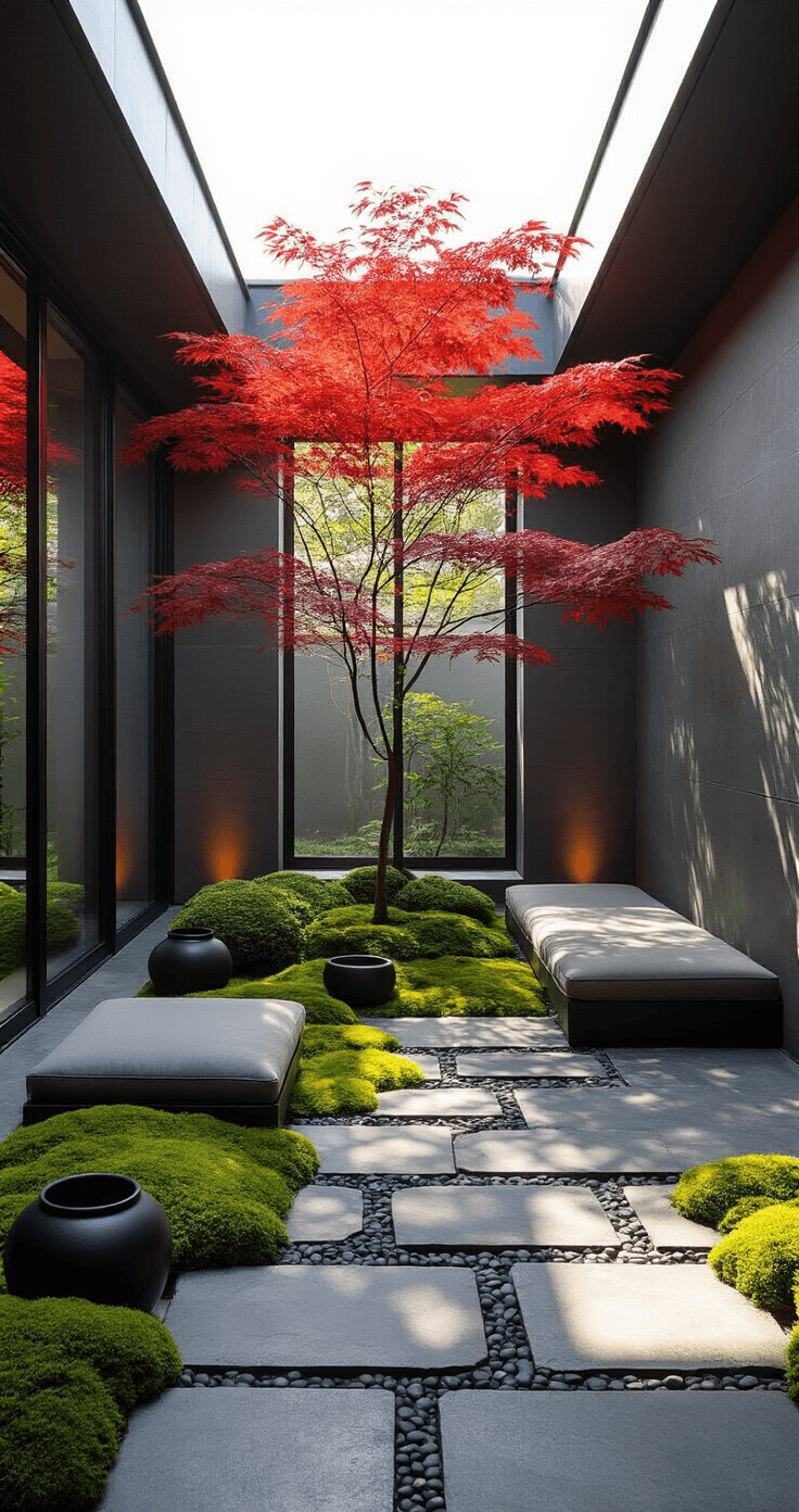 Aerial view of a serene interior courtyard, featuring a weeping Japanese maple with red leaves amidst charcoal grey walls, smooth river stones, natural stone pavers, and emerald moss, illuminated by early morning sunlight.