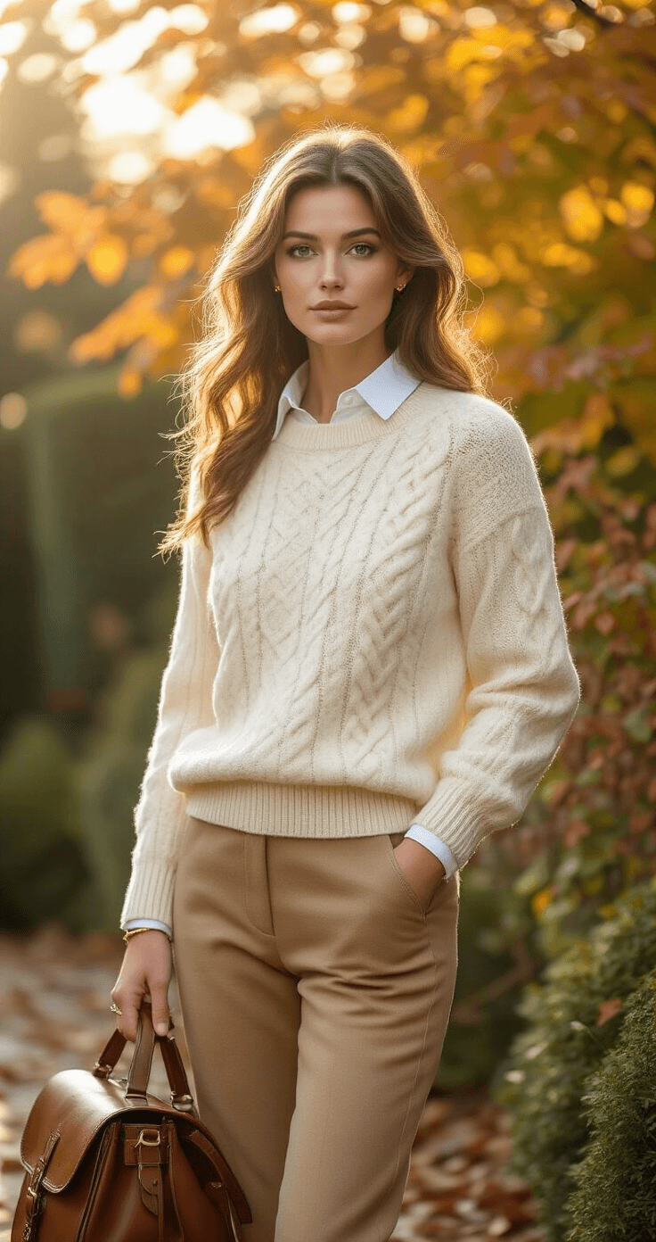 A model in a cream cable-knit cashmere sweater over a white collar shirt and camel wool pants stands in a historic New England garden at magic hour. She wears brown leather riding boots and carries a structured vintage leather satchel, while a simple gold bracelet glimmers in the evening light. Her loose, natural waves frame her face, and the shot captures golden backlight filtering through autumn foliage.