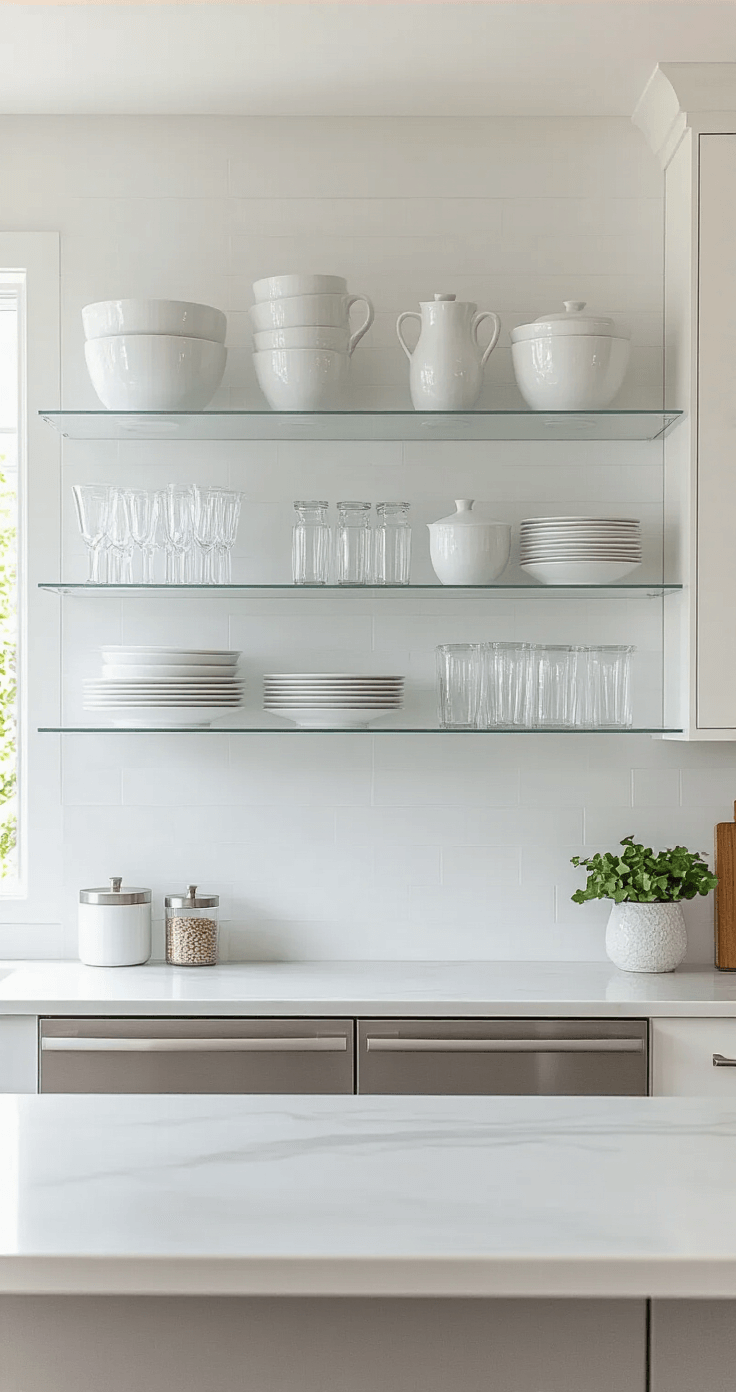 Contemporary kitchen featuring an 8-foot white quartz backsplash wall, three staggered floating acrylic shelves filled with white porcelain dinnerware and clear glass decanters, and a stainless waterfall island, all presented in a wide-angle shot with soft box lighting for a clean aesthetic.