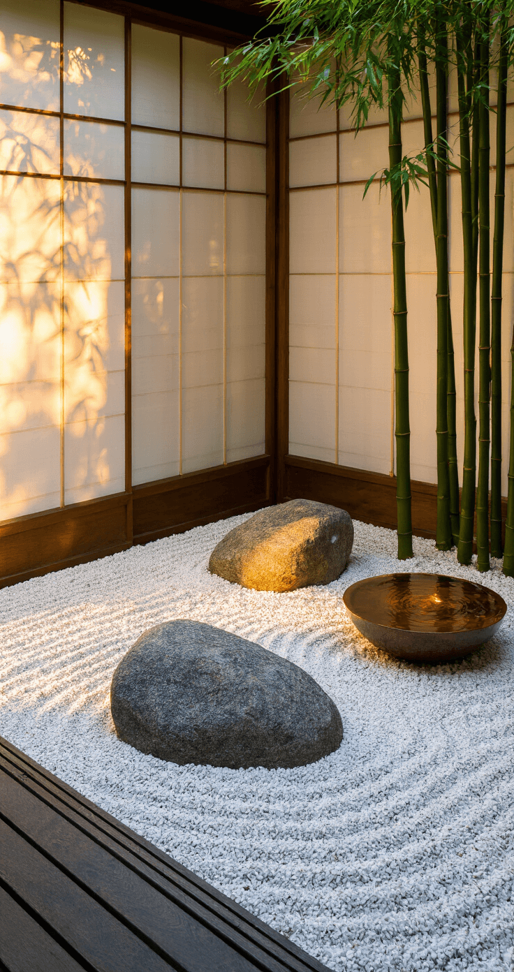 A serene corner garden with three granite boulders amid raked white gravel, viewed through sliding shoji screens, illuminated by golden hour light. A single black bamboo stem casts dramatic shadows, and a copper water basin reflects gentle ripples. The image, captured at eye level with a shallow depth of field, emphasizes the textures of the stones and the warm ambience of the scene.
