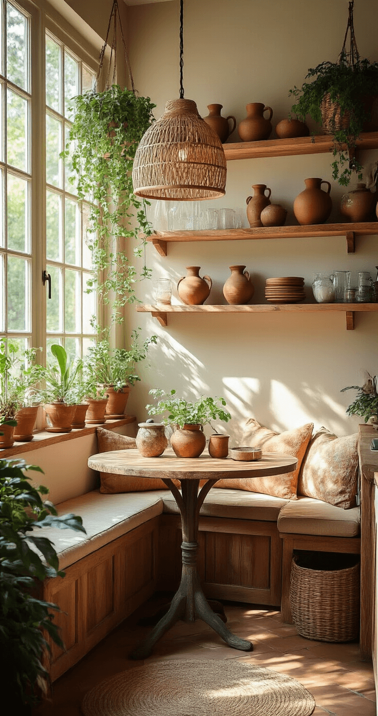 A cozy bohemian kitchen nook filled with handmade pottery, hanging plants, and vintage glass in earth tones, showcased on asymmetrical wooden shelves under a rattan pendant lamp. Dappled afternoon light filters through greenery, casting organic shadows on the rich terracotta and sage colors of the space.