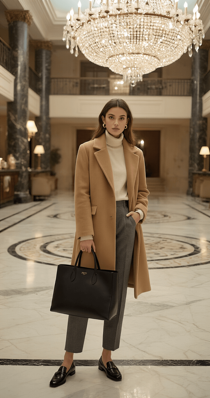 A stylish individual in a camel hair coat and ivory turtleneck stands in an opulent hotel lobby with marble floors and crystal chandeliers, showcasing elegant details like black leather loafers and a structured tote, with a focus on the grand architecture in the background.