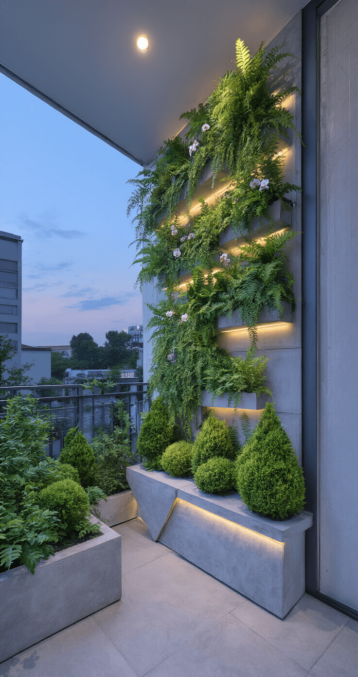 A modern urban balcony transformed into a 4x8 foot tsubo-niwa at twilight, featuring a vertical garden with cascading ferns and miniature orchids, cloud-pruned juniper in geometric concrete planters, and light grey porcelain tiles, all illuminated by mixed cool ambient and warm accent lighting, emphasizing a contemporary zen aesthetic.