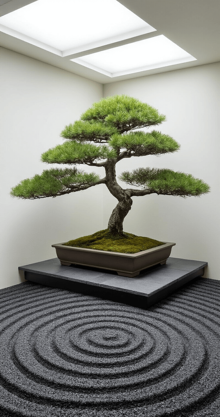 Minimalist indoor garden room featuring an ancient bonsai pine on a slate platform, surrounded by concentric circles of crushed black granite, with frosted skylights diffusing midday light and matte white walls contrasting organic elements, captured from a low angle to highlight the bonsai silhouette in a softly lit atmosphere.