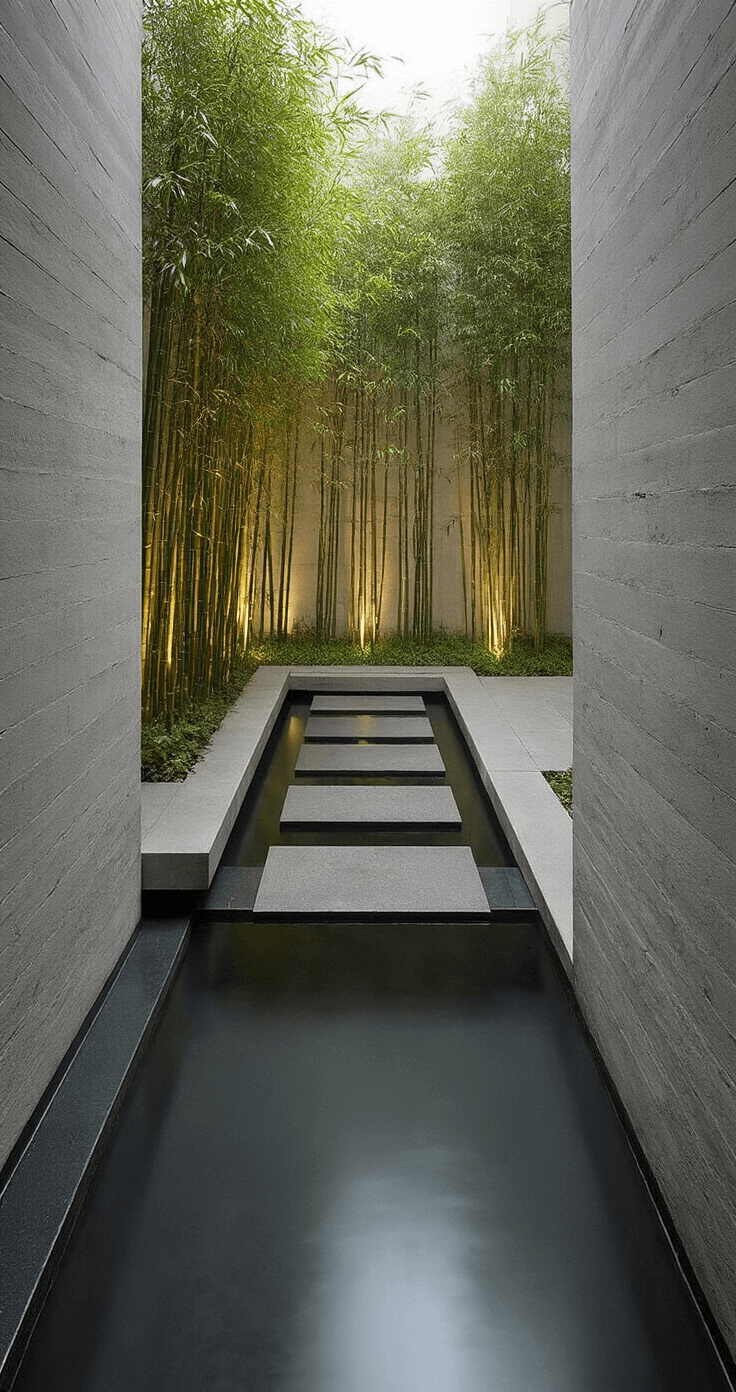 A linear courtyard garden measuring 3x12 feet between concrete walls, featuring a reflective steel and glass pool, floating stepping stones, and silver cloud bamboo. Morning mist enhances the atmospheric mood, creating a mysterious and contemplative ambiance with symmetrical composition and subtle fog effects.