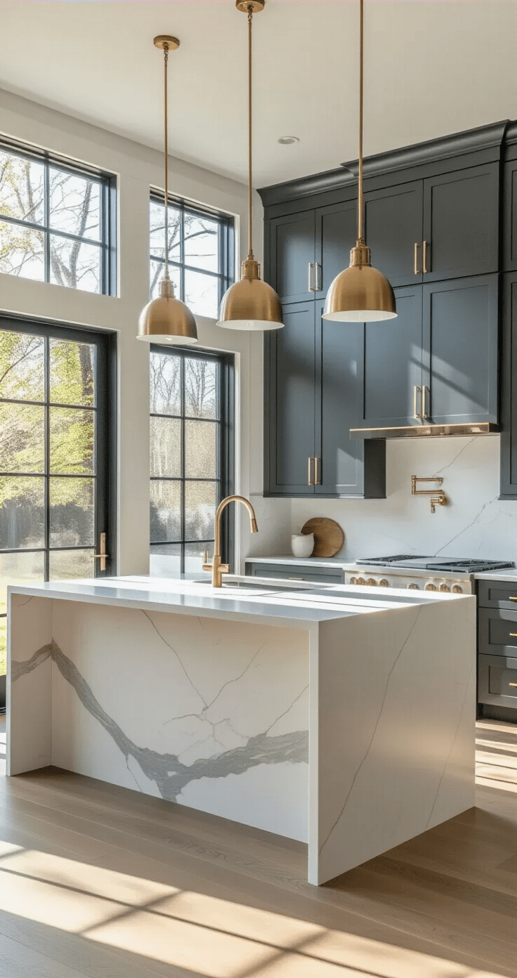 Modern kitchen with slate gray shaker cabinets, white quartz waterfall island, and brass pendant lights, illuminated by morning light through floor-to-ceiling windows, featuring a warm ambiance with wide-plank white oak flooring and dramatic shadows.