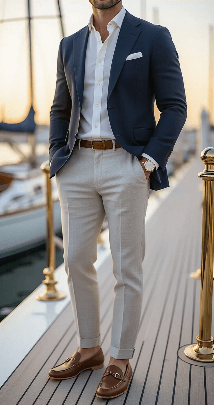 Elegant yacht club dock at sunset featuring a subject in a navy blazer over an ivory linen shirt, light gray tailored trousers, and brown boat shoes, with tortoiseshell sunglasses and a minimal silver watch. The scene includes teak decking, polished brass railings, and a soft bokeh of moored sailboats in the background, captured with a shallow depth of field highlighting outfit details in natural maritime lighting.
