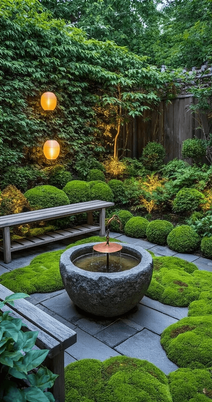 A compact meditation garden corner features a hand-carved stone basin under a copper rain chain, surrounded by lush moss beds in various green shades. Dusk lighting enhances the scene, with warm paper lanterns providing a soft glow, while a weathered wooden bench adds charm. The three-quarter view highlights the textures and peaceful evening atmosphere.