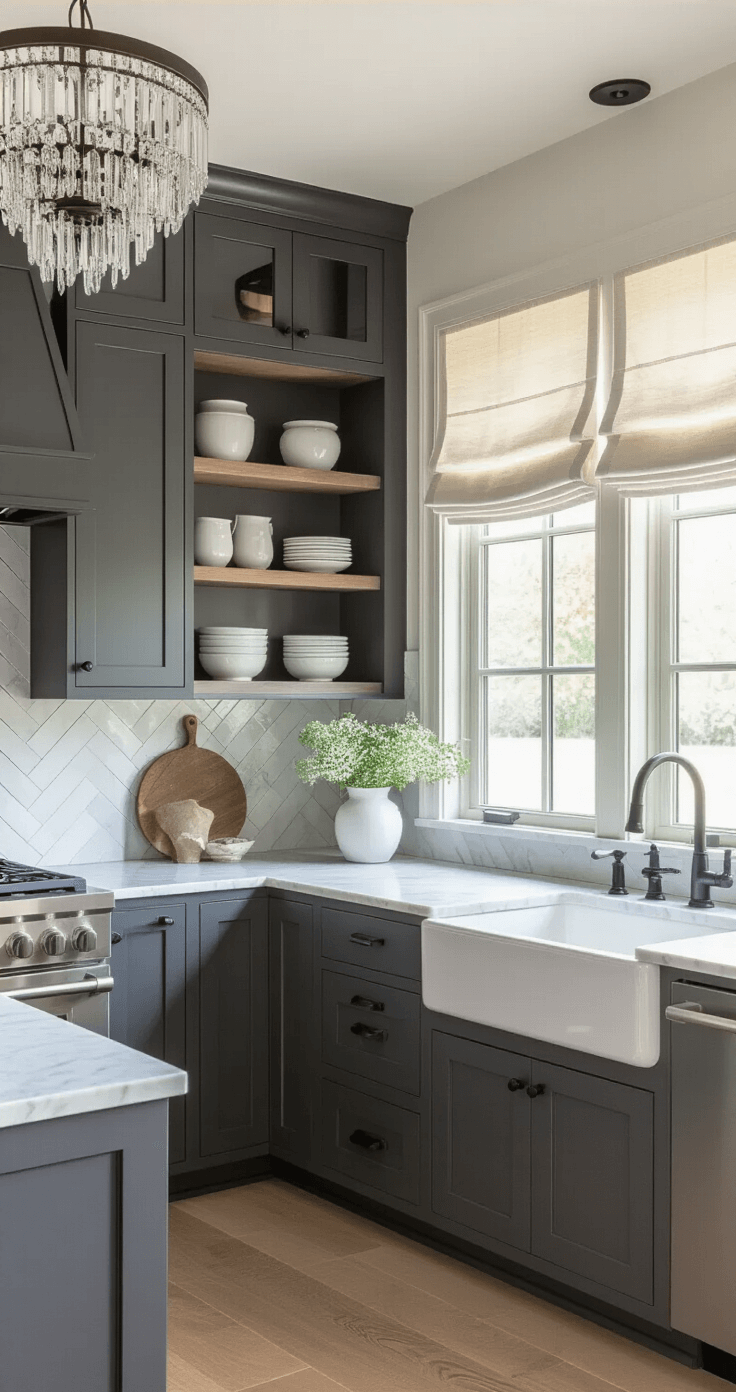 Transitional L-shaped kitchen with charcoal gray cabinets and matte black handles, Carrara marble countertops and herringbone backsplash, open shelves with white ceramics, crystal chandelier over farmhouse sink, captured in golden hour light through Roman shades, showing elegant and timeless design.