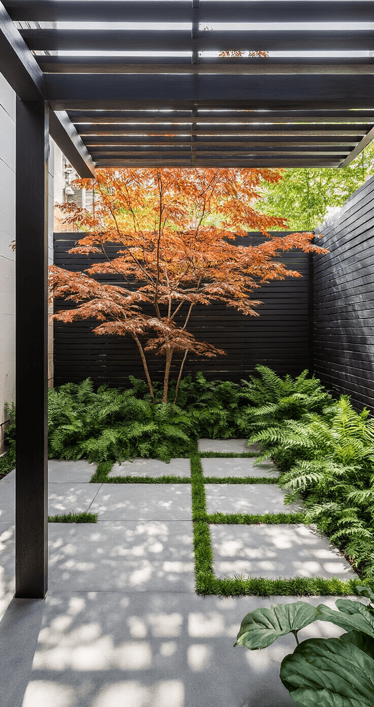 A bird's eye view of a contemporary 6x10 foot garden space featuring a sculptural maple tree, shade-loving ferns, and modular concrete pavers arranged in a grid pattern with dwarf mondo grass, all under bright midday sunlight filtered through pergola slats. A charred wood accent wall serves as a dramatic backdrop, showcasing a clean, architectural aesthetic.