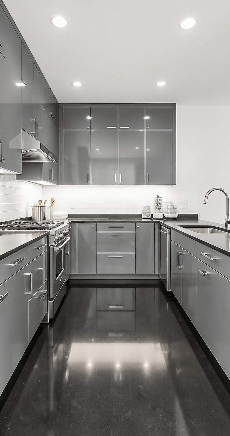 A sleek minimalist galley kitchen featuring castle grey flat-panel cabinets and glossy black countertops, illuminated by recessed lighting. The design includes darker gray lower cabinets and lighter upper cabinets, with stainless steel appliances against bright white walls and ceiling. The low, centered camera angle captures the full length of the contemporary space.