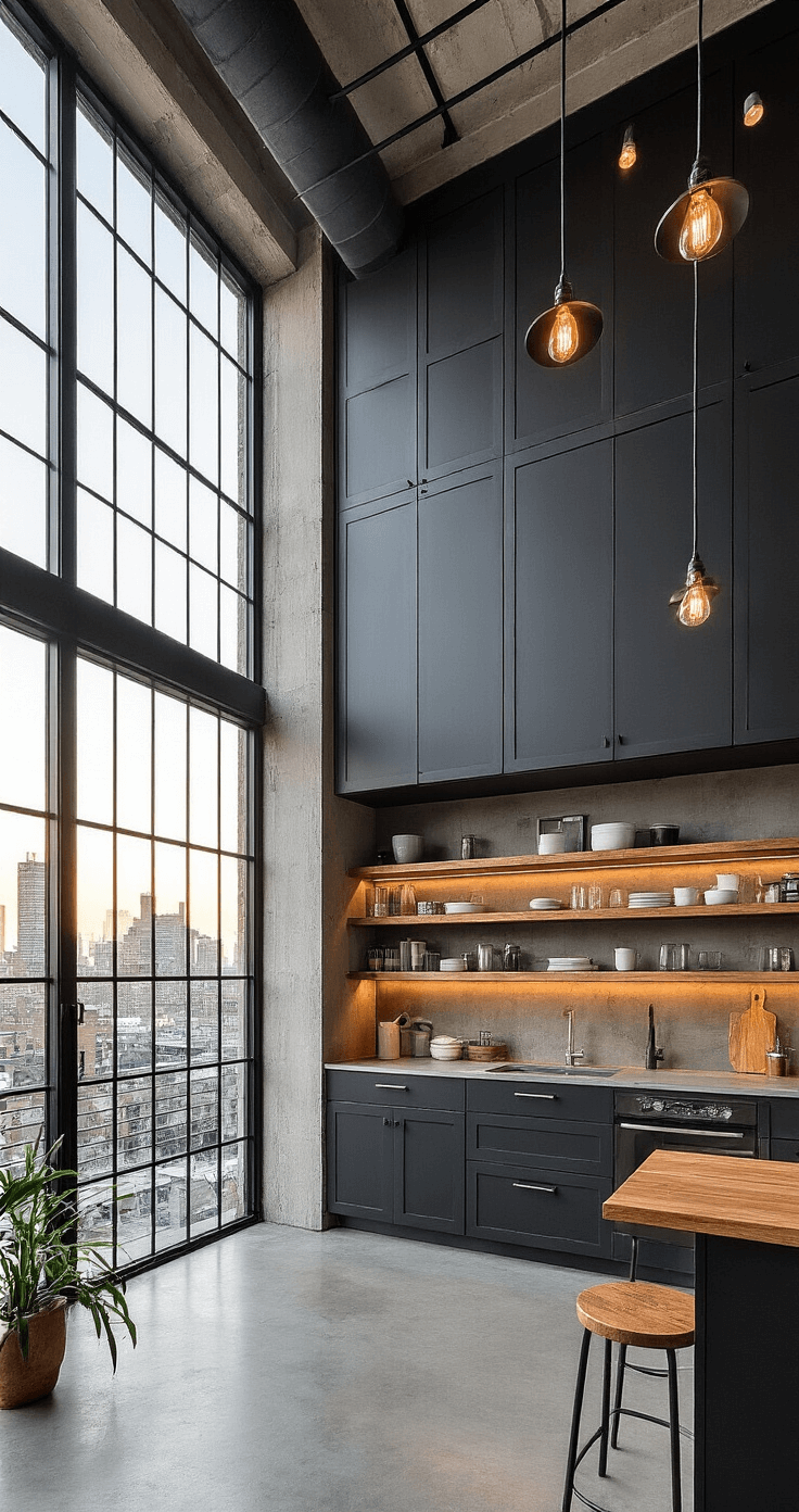 Industrial-modern kitchen featuring dramatic charcoal cabinets and exposed ductwork, showcasing double-height ceilings and concrete floors. Warm wood shelving softens the dark cabinetry, while oversized black metal windows frame city views. The image is taken from a mezzanine level, capturing the spaciousness illuminated by natural light and Edison bulb pendants, creating an urban sophisticated atmosphere.