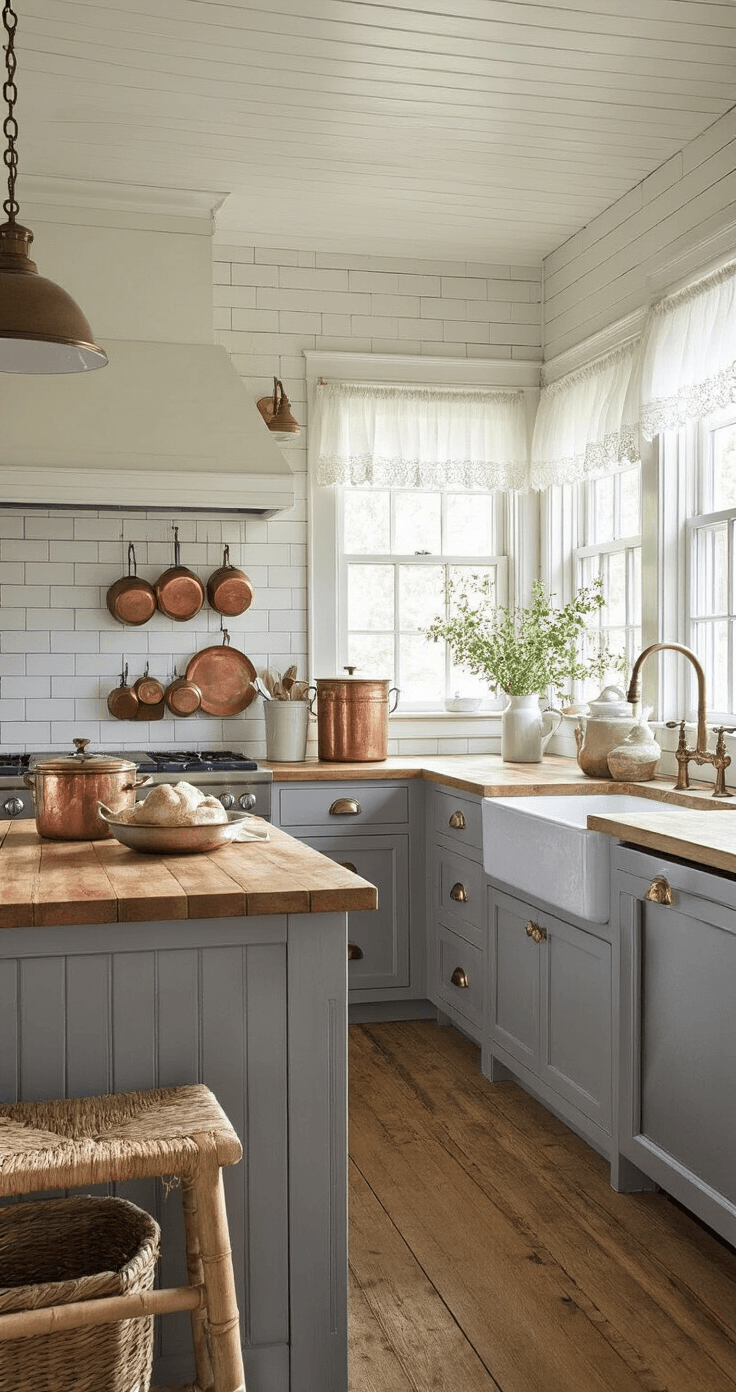 Cozy farmhouse kitchen featuring slate gray beadboard cabinets, white ship lap ceiling, vintage brass fixtures, and a butcher block island adorned with antique copper pots, illuminated by soft morning light filtered through lace curtains.