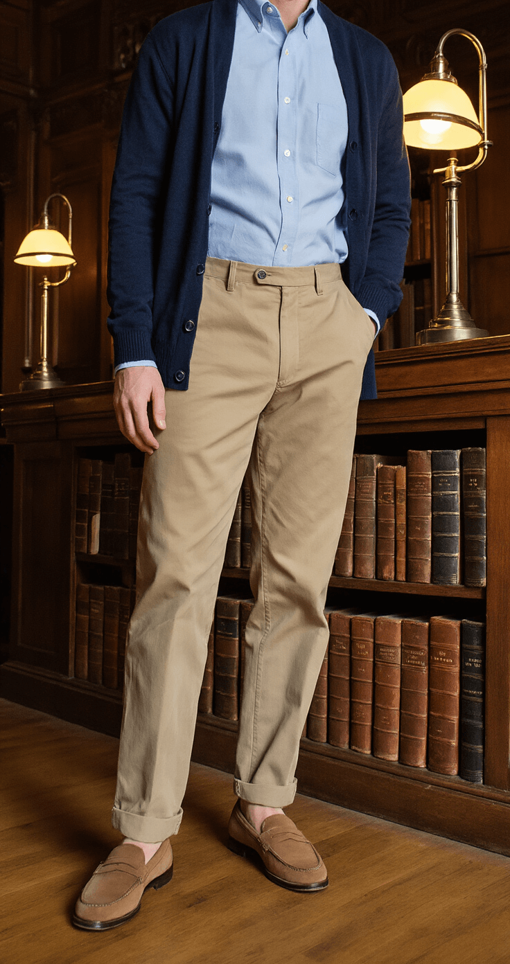 A well-dressed individual in tan cotton trousers, a light blue oxford shirt, and brown suede penny loafers poses in a historic library with dark wood paneling. A navy cardigan is draped over their shoulders, surrounded by shelves of leather-bound books and brass reading lamps, illuminated by warm afternoon light filtering through leaded windows, emphasizing the rich fabric textures and layering.