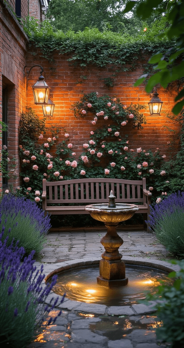 A serene dusk scene of a historic 18x25ft enclosed garden featuring antique brick walls, copper lanterns, a mahogany bench surrounded by roses and lavender, and a reclaimed stone fountain, all bathed in warm light with reflections in the water.