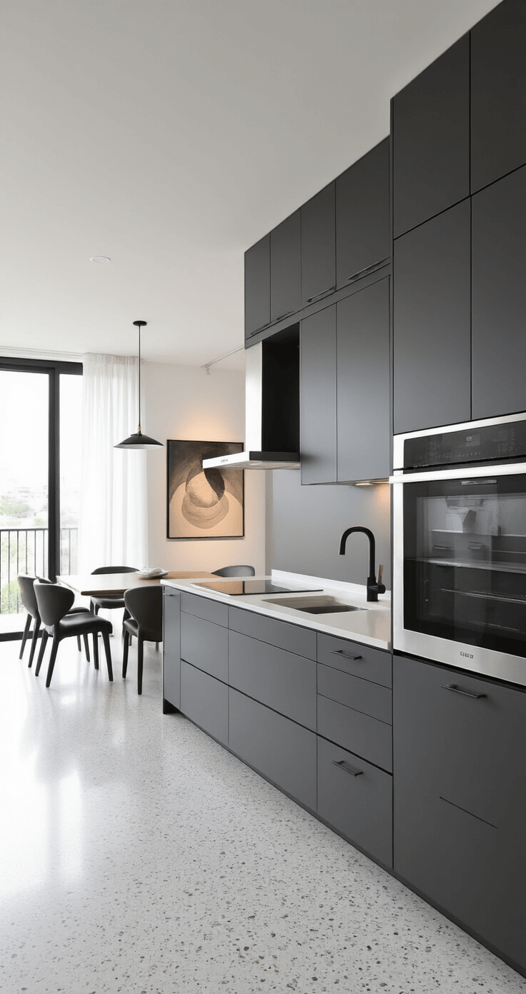 Contemporary open-concept kitchen featuring dark gray handleless cabinets, white terrazzo floors, and integrated appliances, with a seamless flow into the dining area, accented by afternoon light and a single oversized art piece, creating a gallery-like atmosphere.