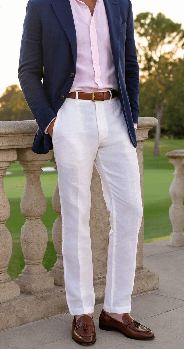 Model in white linen trousers and a pale pink oxford shirt, wearing a navy blazer, stands by a stone balustrade at a country club terrace during dusk. A manicured golf course is visible in the background, illuminated by golden hour lighting with subtle lens flare, emphasizing the elegant silhouette.