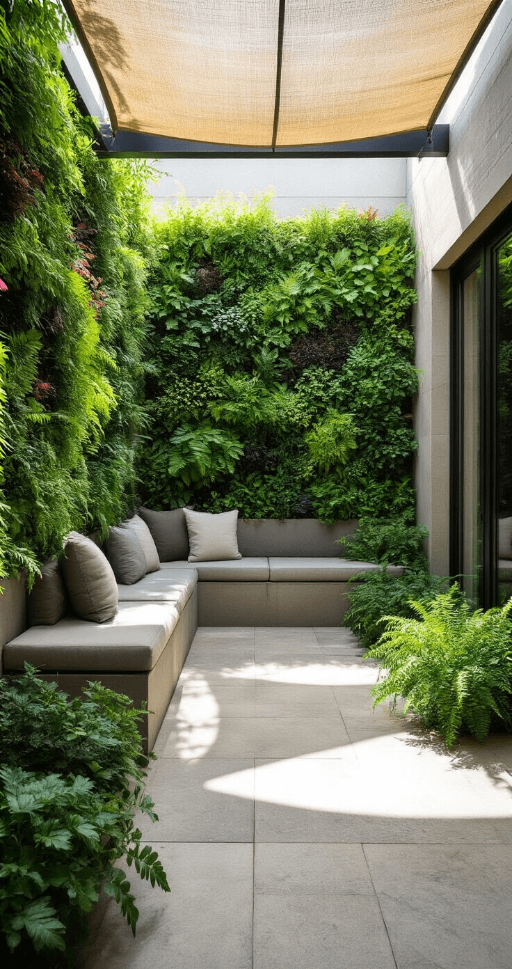 A sunlit urban courtyard featuring a vertical garden wall with ferns and flowering perennials, contemporary limestone paving, built-in seating with weatherproof cushions, and overhead sail shade casting dappled light patterns.