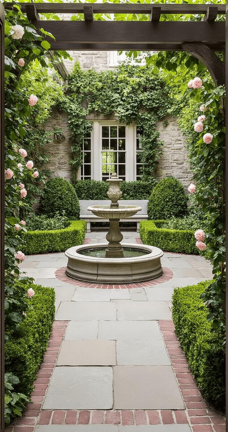 A formal 20x20ft courtyard featuring a central stone urn fountain, manicured boxwood parterres, a York stone path with brick insets, a classical stone bench, and climbing roses on an antique wooden trellis, captured from an elevated perspective with symmetrical design and even midday lighting.