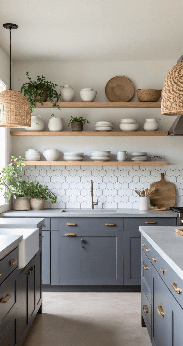 A Scandinavian-inspired kitchen featuring graphite gray cabinets, open shelving with ceramics and plants, concrete countertops, and a hexagon tile backsplash, illuminated by cool morning light. Rattan pendant lights add texture to the calm and collected atmosphere.