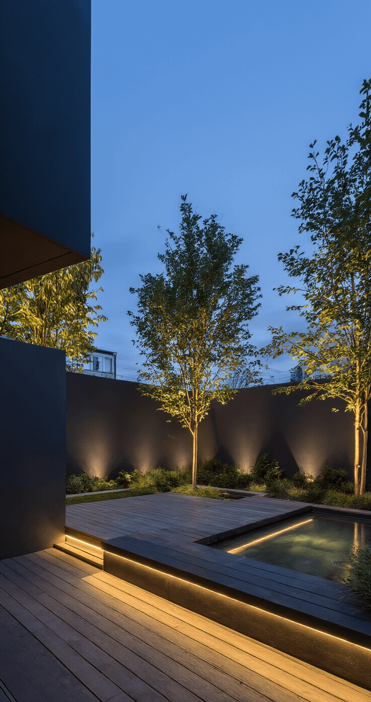 A modern courtyard garden featuring charcoal-colored rendered walls and illuminated specimen trees, with a floating wooden deck and integrated LED lighting, and a minimalist water feature reflected in a pool, captured at blue hour from a low angle to highlight its architectural elements.