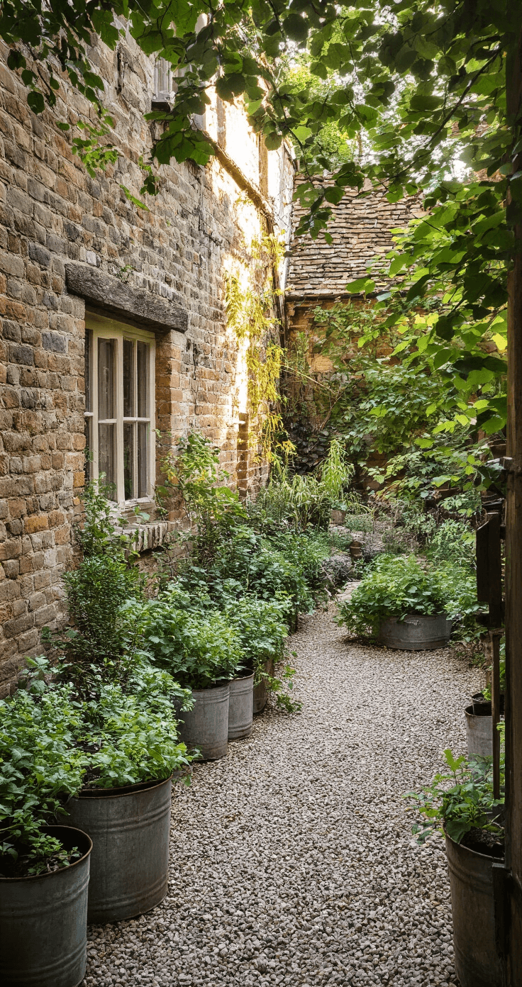 Rustic cottage courtyard featuring weathered brick and stone materials, adorned with traditional English perennials and vintage metal herb containers, all bathed in golden late afternoon light.
