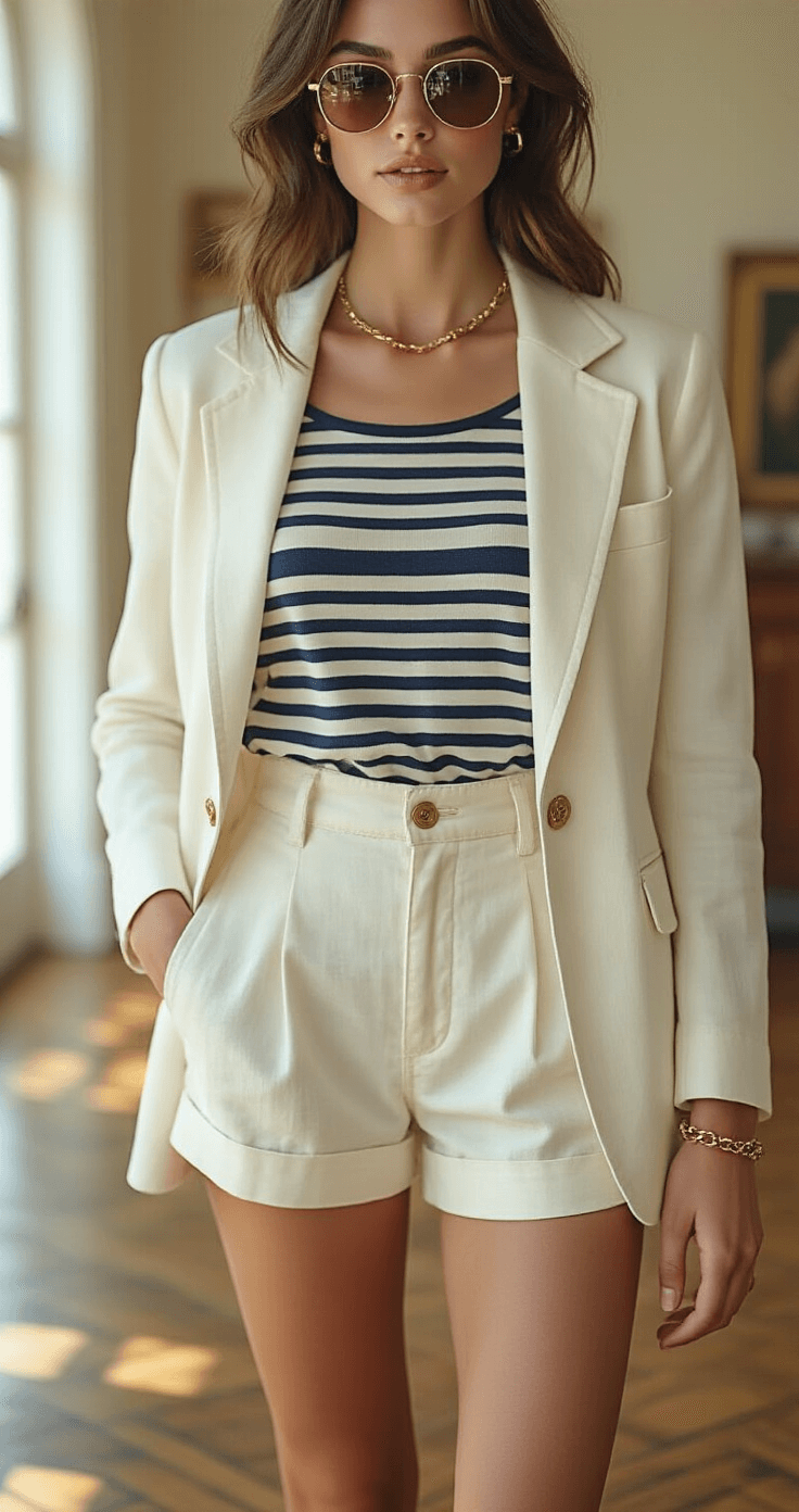 Close-up of a vintage boutique interior featuring warm wooden floors and antique brass fixtures, showcasing a styled outfit with a navy and cream striped Breton top, tailored white linen blazer, and high-waisted cream silk shorts. Accessories include tan leather sandals, a delicate gold chain bracelet, and classic Ray-Ban wayfarers, illuminated by soft natural side lighting.