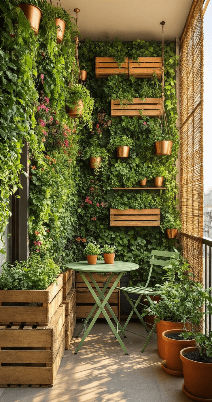 A cozy urban balcony at golden hour, featuring a lush vertical garden, hanging copper planters with trailing ivy, reclaimed wooden crates for planting, and a small sage green bistro set, all bathed in warm sunlight and dappled shadows.