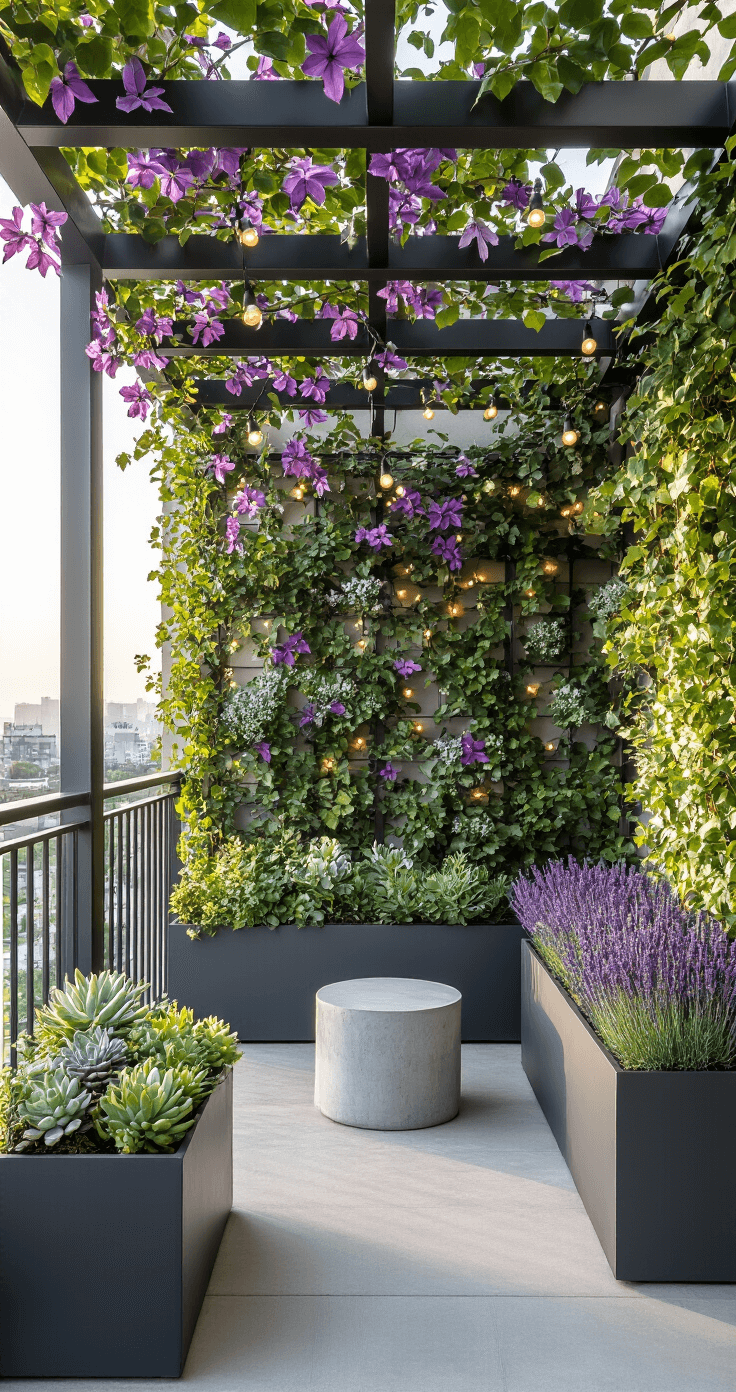 An intimate balcony space at dawn, showcasing a steel trellis adorned with flowering clematis and string lights, with modern fiberglass containers of succulents and a lavender planter box, all illuminated by soft morning light highlighting dewdrops on foliage.