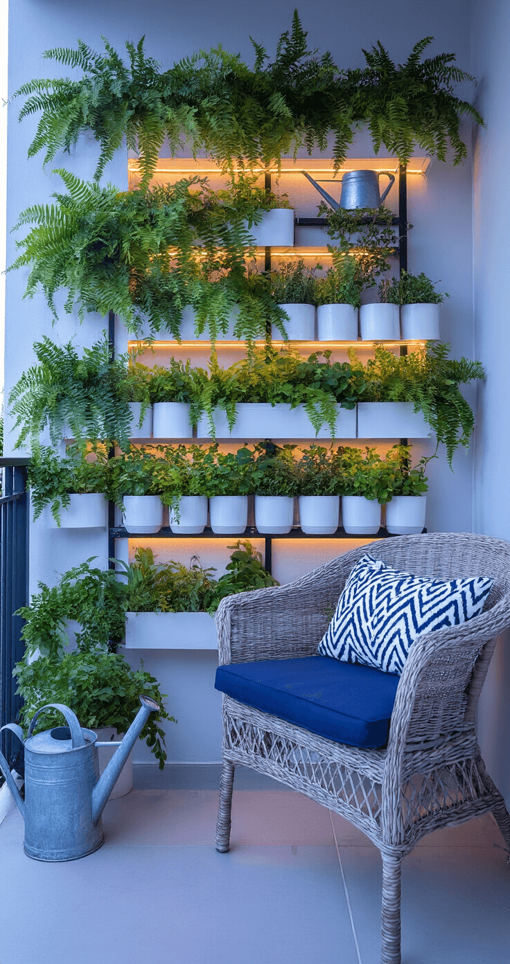 A corner balcony with a vertical garden of ferns and shade-loving plants, featuring a repurposed ladder shelf holding herbs in white ceramic pots. LED strip lighting in planters creates an ambient glow. A compact woven rattan chair with navy cushions and a vintage zinc watering can are prominent, bathed in moody blue hour lighting.