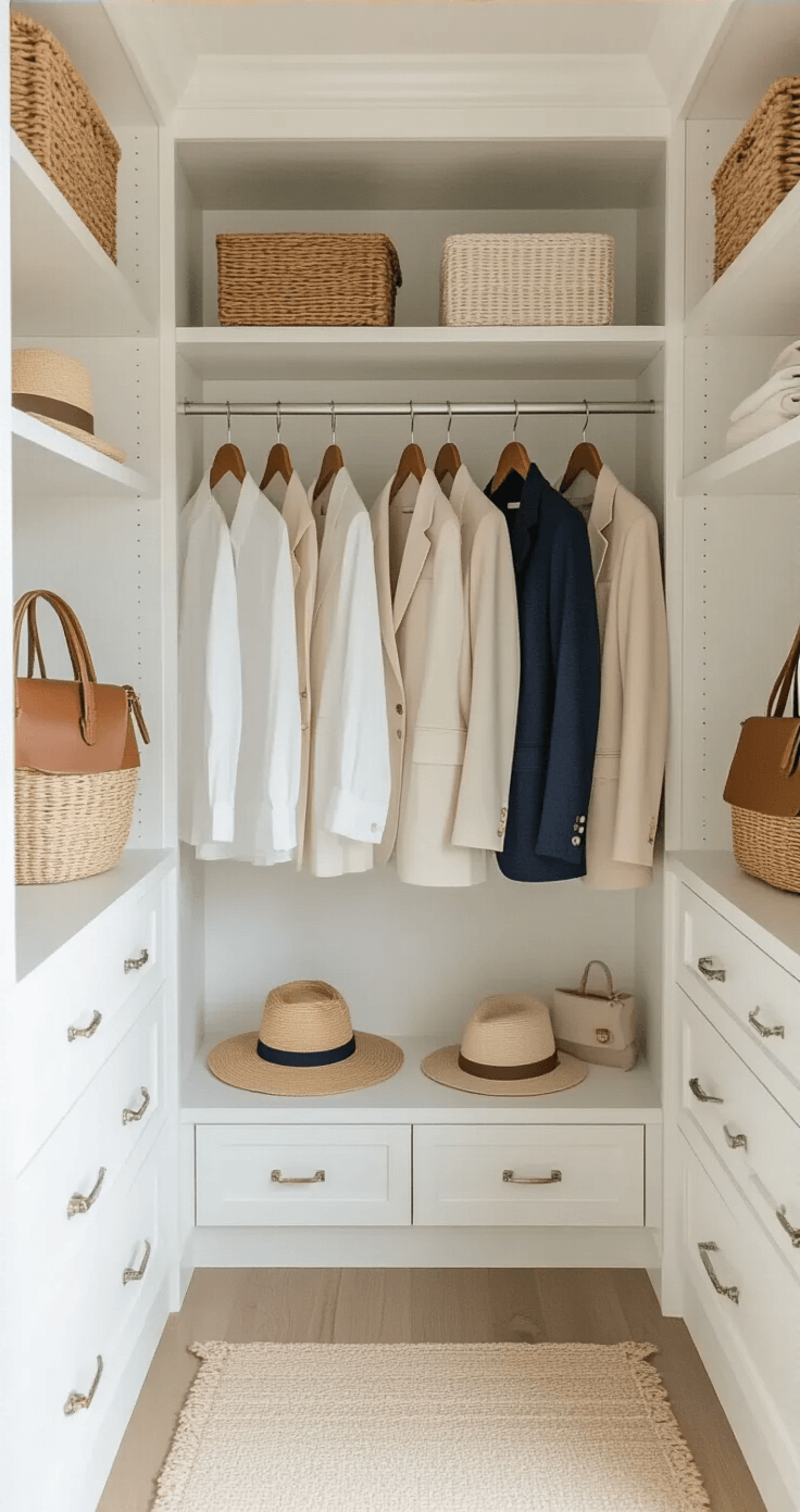A sun-soaked walk-in closet featuring white built-ins, showcasing a carefully arranged summer capsule wardrobe with white button-ups, tennis skirts, neutral trousers, and structured blazers in cream, beige, and navy, complemented by leather accessories and straw bags on shelving, illuminated by natural window light.