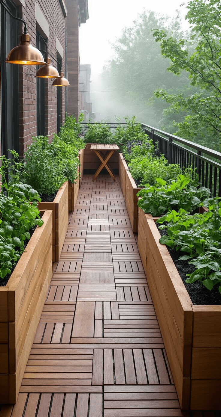 A long, narrow balcony featuring custom cedar planter boxes filled with kitchen herbs and edible flowers, with interlocking weathered teak deck tiles creating a central pathway. Mounted copper grow lights illuminate a compact vegetable garden section, and a fold-down bamboo table rests against the wall, all set against a backdrop of morning mist that enhances the ethereal quality. The scene is rich in cedar brown, copper, sage green, and purple tones, with leading lines emphasizing depth.