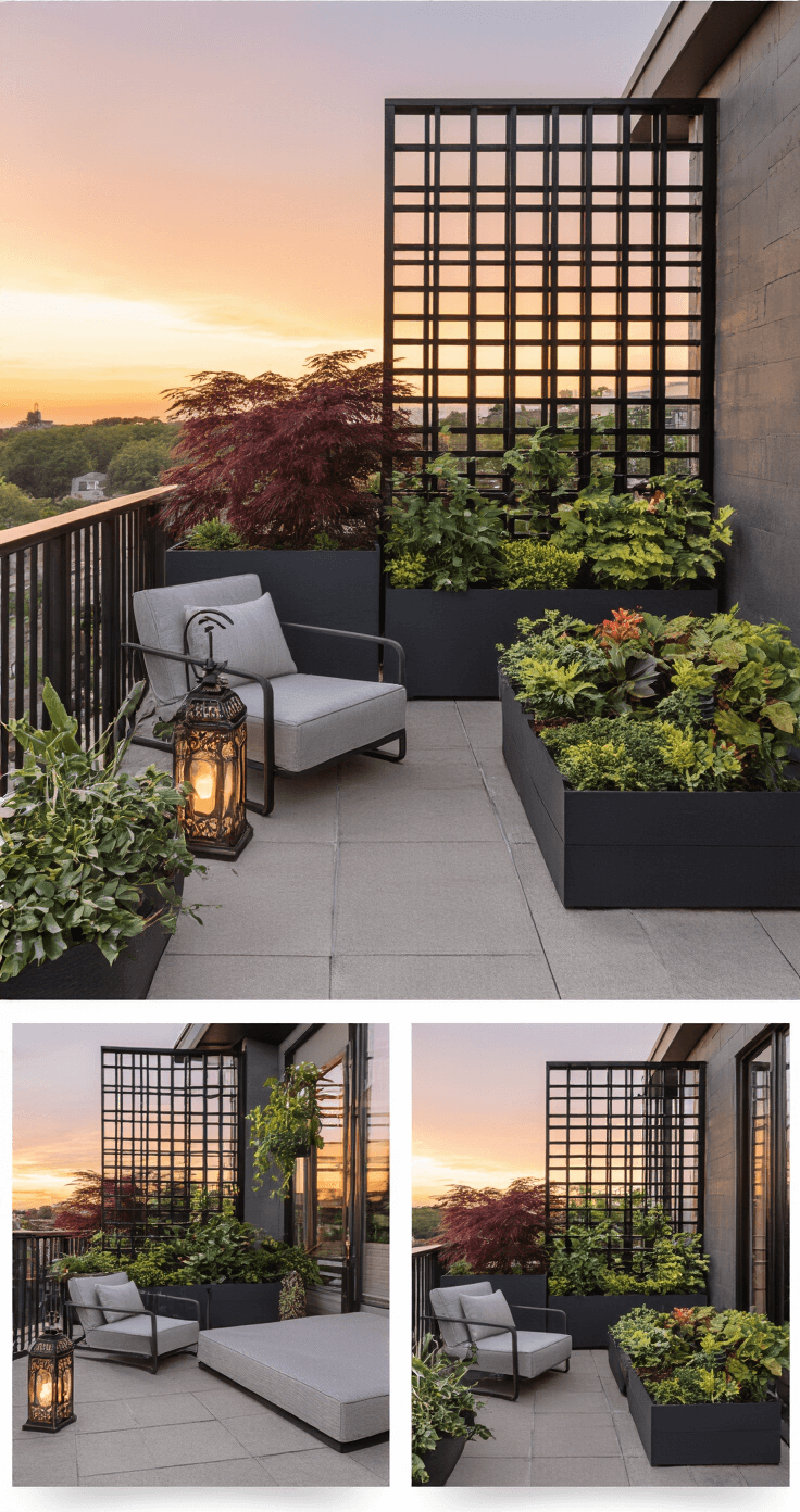 Aerial view of a mid-sized balcony at sunset featuring a contemporary black metal grid garden system with Japanese maples in large charcoal planters, integrated drip irrigation, a light gray weather-resistant lounge chair, and Moroccan lanterns, showcasing colors of burgundy, charcoal, cream, and forest green, with dramatic side lighting highlighting plant silhouettes.