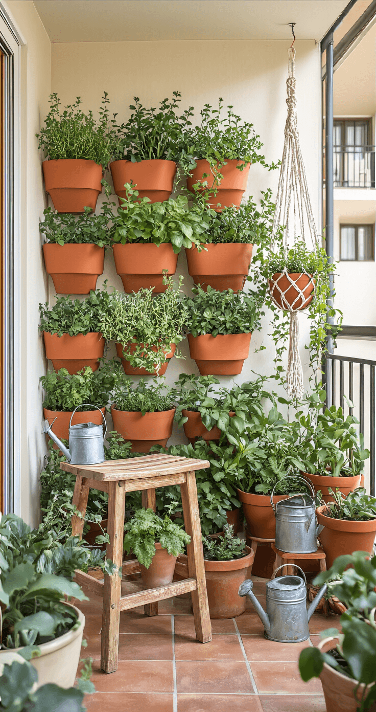 A cozy 5x6ft balcony in soft afternoon light, featuring a textured living wall of stackable terracotta pocket planters filled with Mediterranean herbs and drought-tolerant plants. A rustic wooden stool serves as a plant stand, while macramé hangers display trailing succulents. A collection of vintage metal watering cans adds charm, with colors of terracotta, sage, warm wood, and silver-green highlighted in the scene.